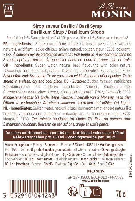Le Sirop de MONIN Saveur Basilic