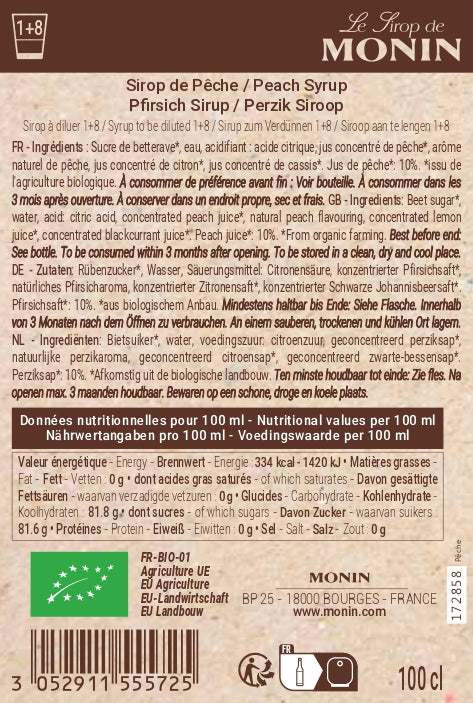 Le Sirop de MONIN Pêche Bio
