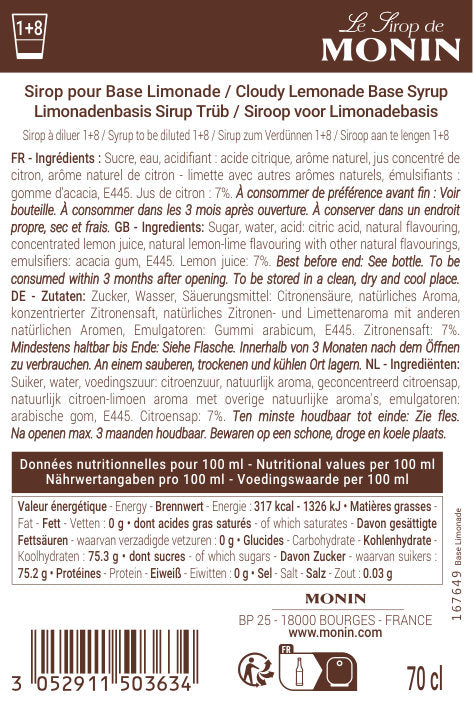 Le Sirop de MONIN Base Limonade (cloudy limonade)