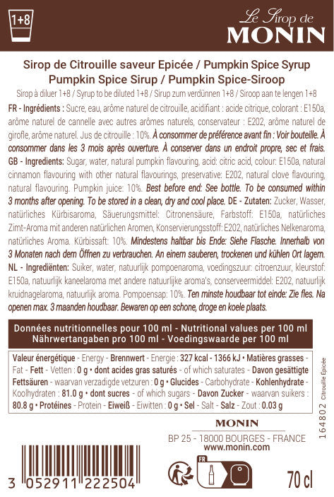 Le Sirop de MONIN Citrouille Saveur Épicée