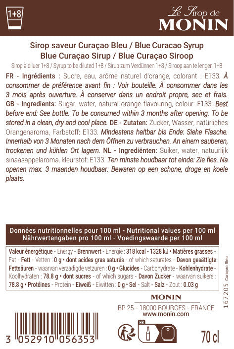 Le Sirop de MONIN Saveur Curaçao Bleu