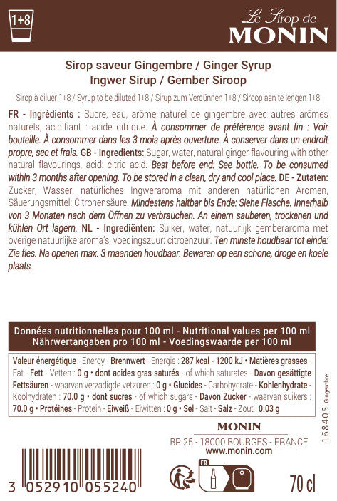 Le Sirop de MONIN Saveur Gingembre