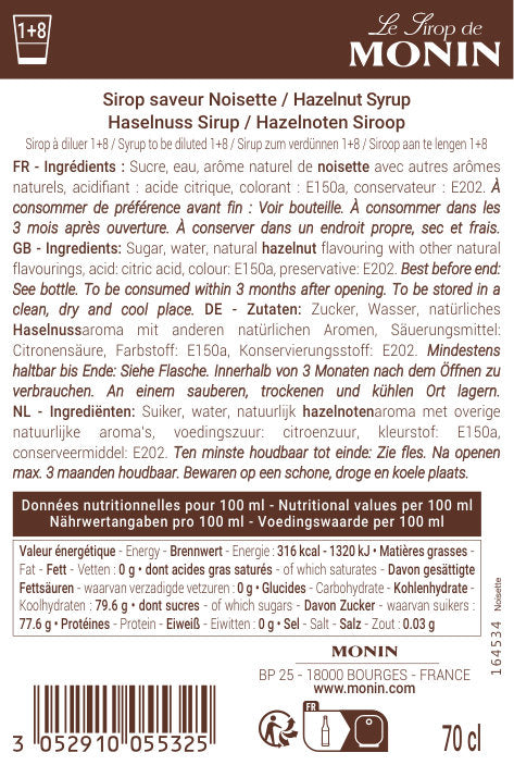 Le Sirop de MONIN Saveur Noisette