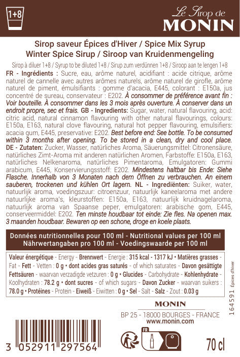Le Sirop de MONIN Saveur Épices d'Hiver