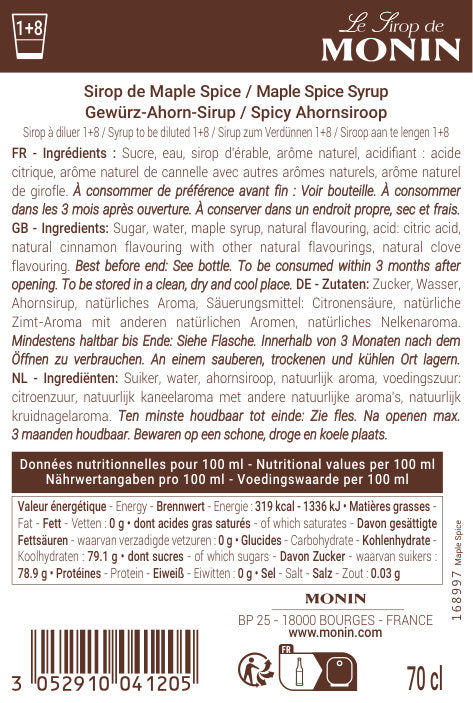 Le Sirop de MONIN Saveur Érable Épices